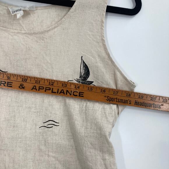 Vintage Connie Choi Beige Black Linen Maxi Dress Dolphin Boat Print Coastal SM - Picture 7 of 8